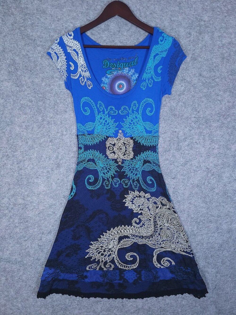 Desigual Y2K Cap Sleeve Dress Blue Mandala Paisley Womens Small Lightweight